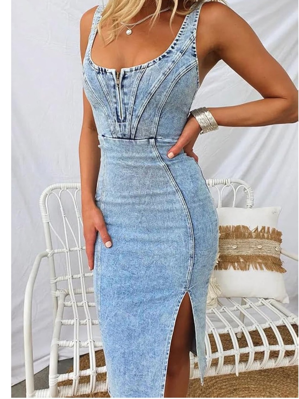 Utcoco sleeveless side slit bodycon midi jean dress